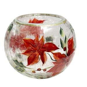 Holiday Spirit Poinsettia Crackle Glass 5" Votive Candle Holder Bowl